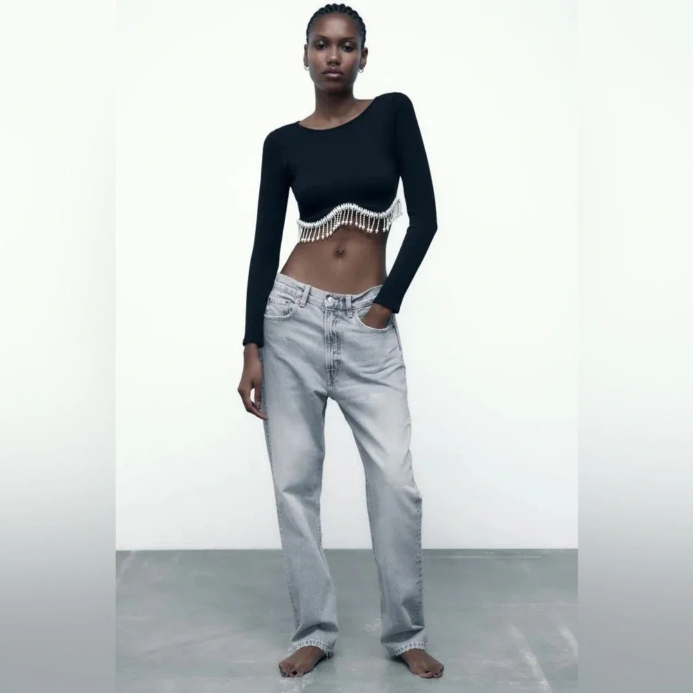 Zara Jewel Detail Crop Top in black with a rhinestone fringe appliqué NWT